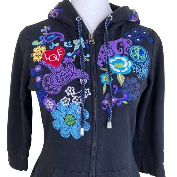 INC Y2K Ed Hardy Style Peace & Love Hippie Floral Embroidery Hoodie Black S - Picture 2 of 16
